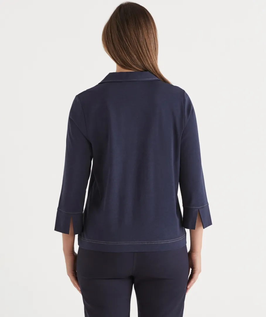 Sussan Tops>Contrast Stitch Collared 3/4 Sleeve Top