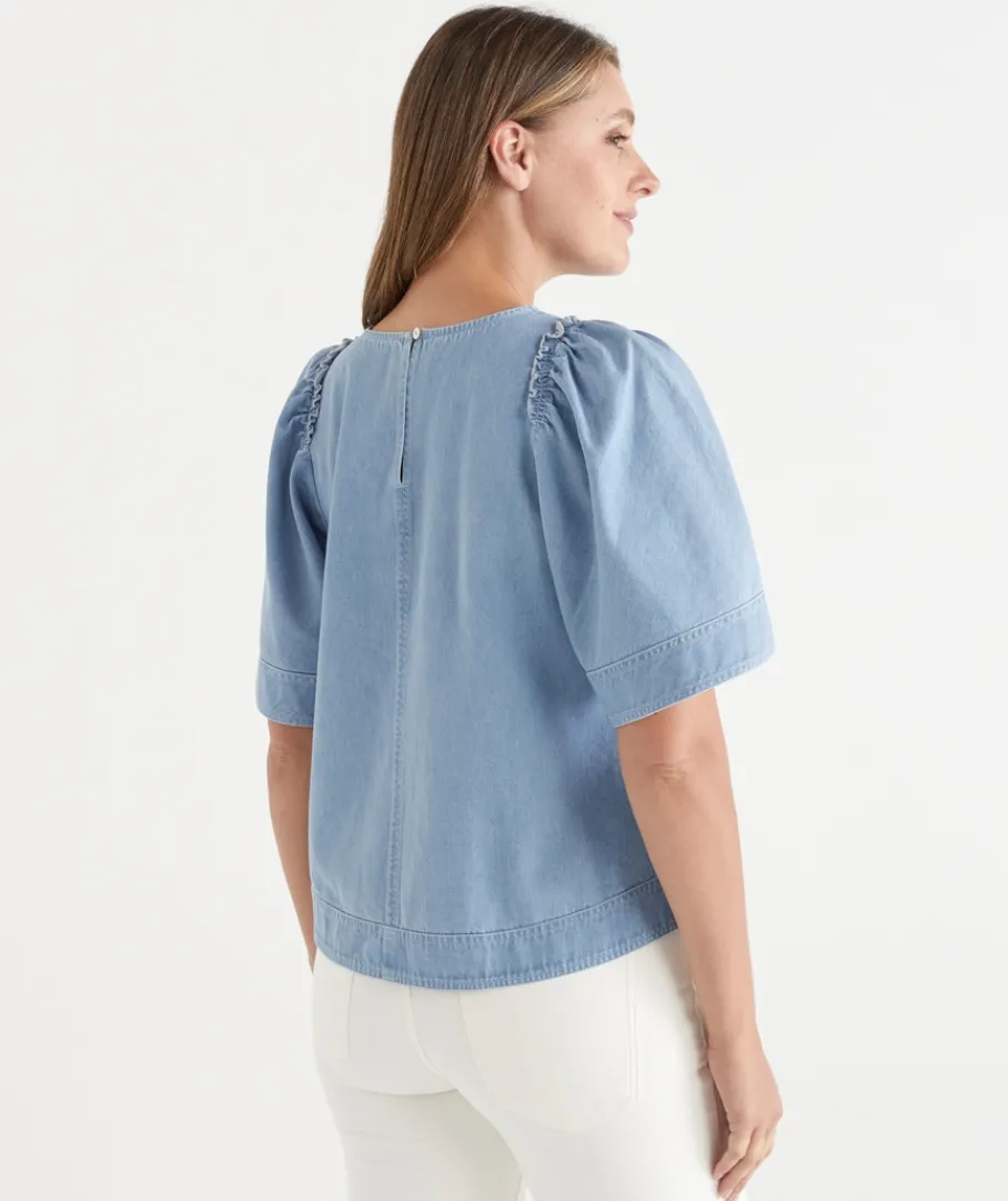 Sussan Tops|Denim>Denim Flutter Sleeve Top