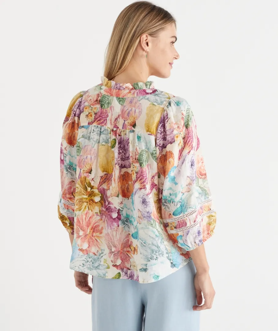 Sussan Tops|Shirts & Blouses>Floral Brights Trim Neck 3/4 Sleeve Linen Top