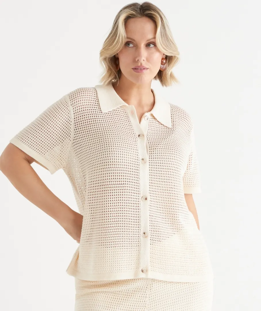 Sussan Tops|Matching Sets>Knit Pointelle Polo Top