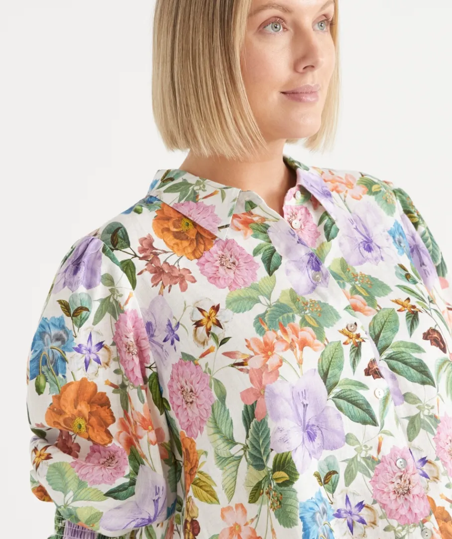 Sussan Tops|Matching Sets>Linen Floral Botanical 3/4 Sleeve Shirt