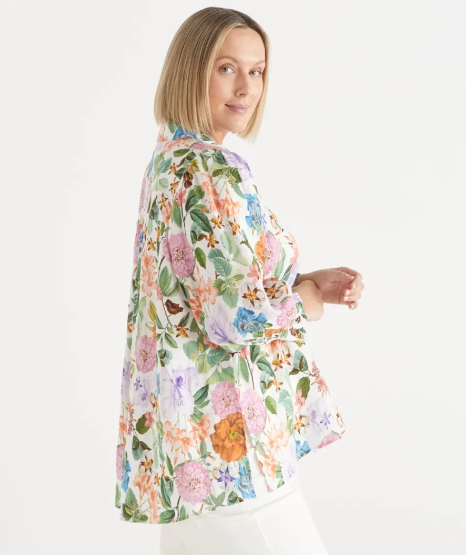 Sussan Tops|Matching Sets>Linen Floral Botanical 3/4 Sleeve Shirt