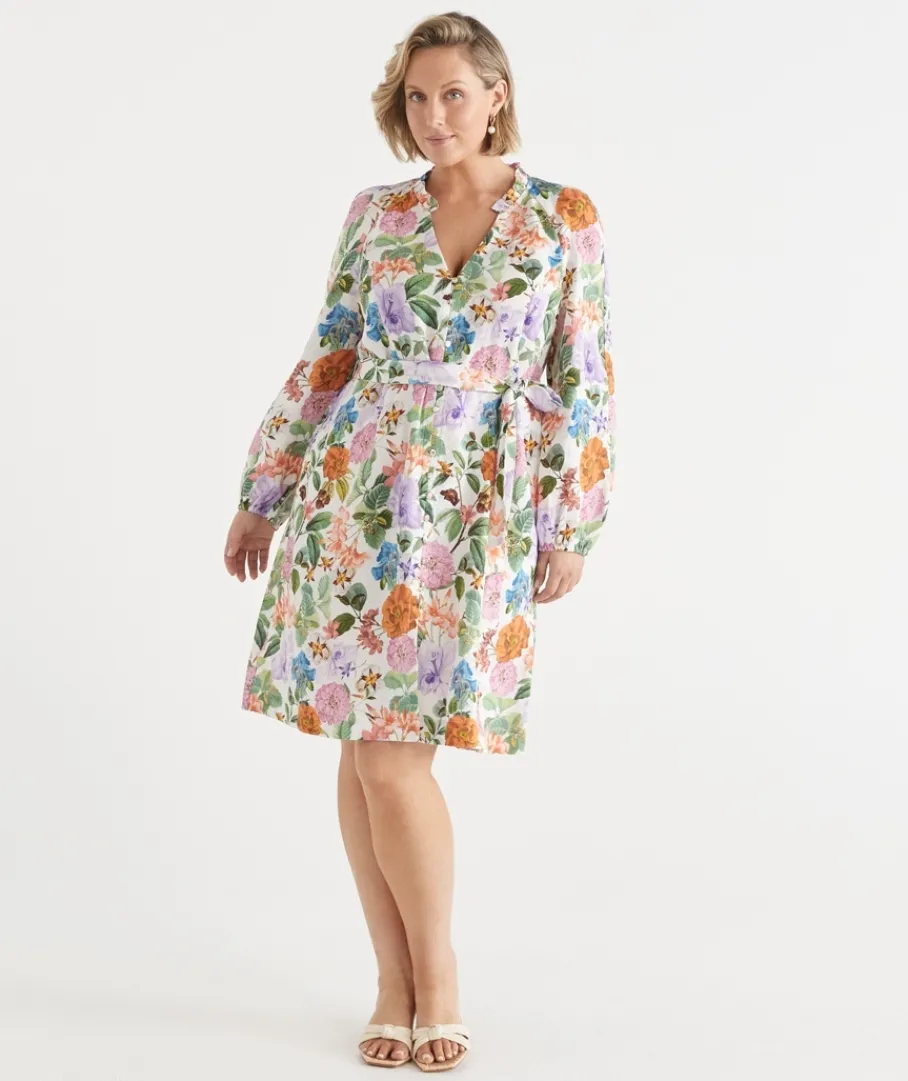 Sussan Dresses>Linen Floral Botanical Long Sleeve Dress