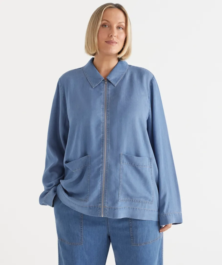 Sussan Jackets & Coats|Jackets>Lyocell Zip Front Collared Jacket