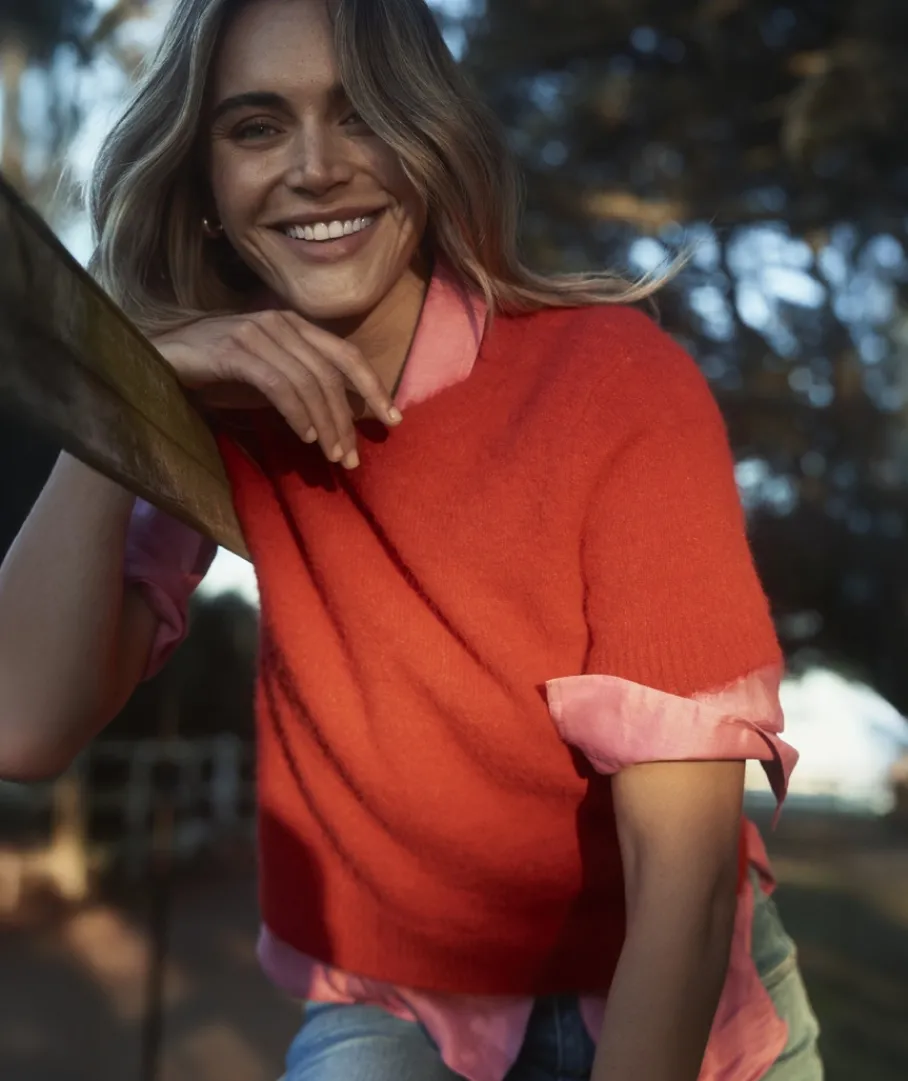 Sussan Tops|Knitwear>Short Sleeve Fluffy Knit Top