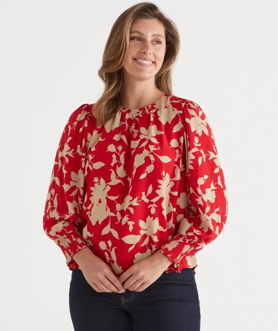 Sussan Tops|Shirts & Blouses>Silhouette Floral Print Long Sleeve Top - Red