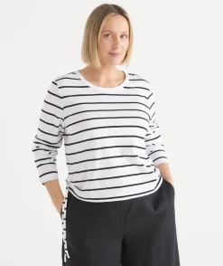 Sussan Tops|T-Shirts>Slub Stripe Long Sleeve Ruched Top