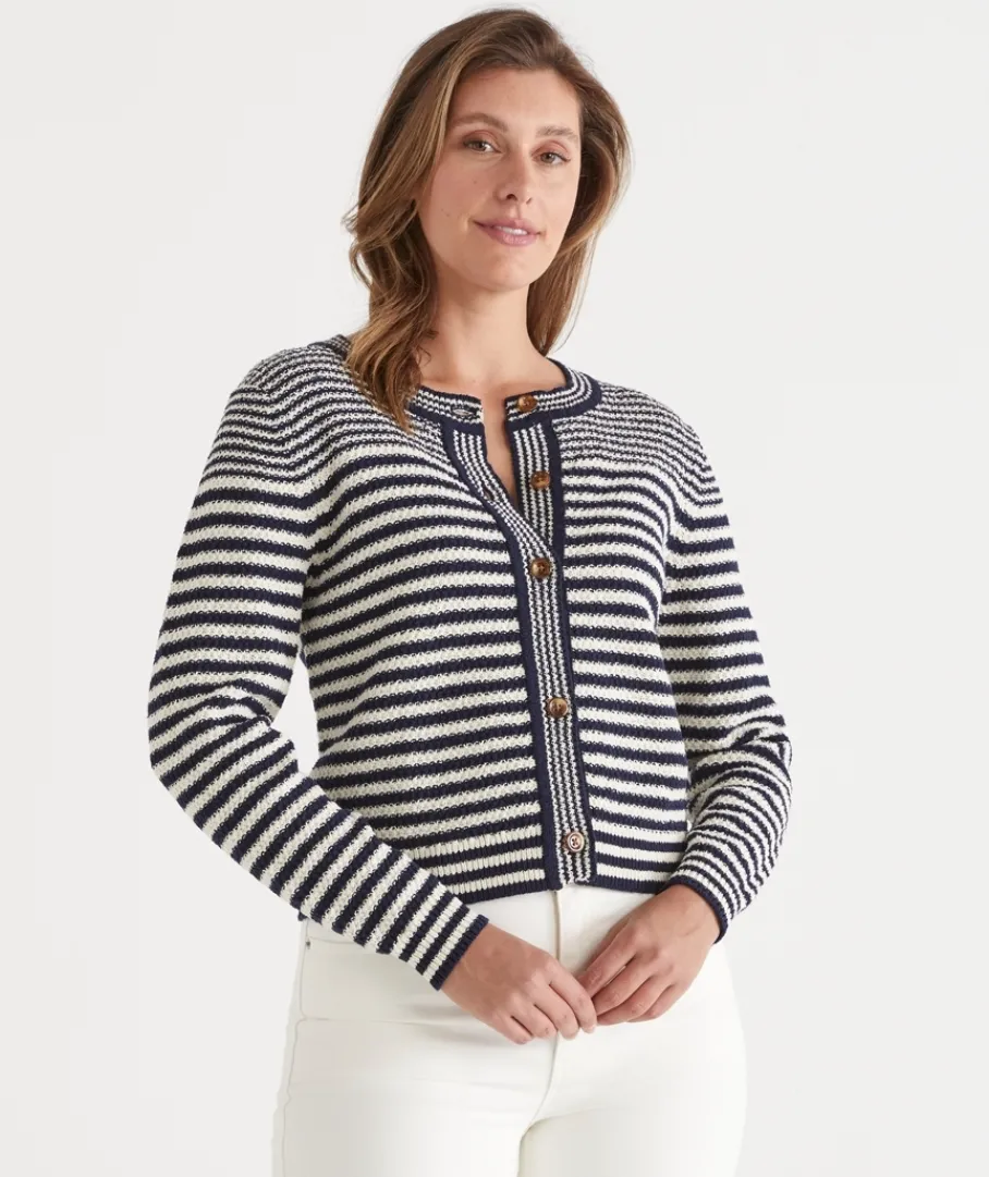Sussan Knitwear|Knit Cardigans>Striped Crew Neck Cardigan -