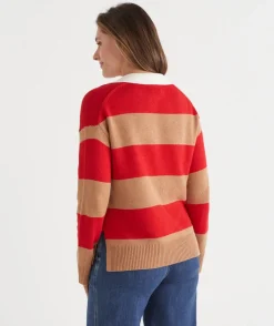 Sussan Tops|Knitwear>Striped Knit Rugby Polo Jumper - Red