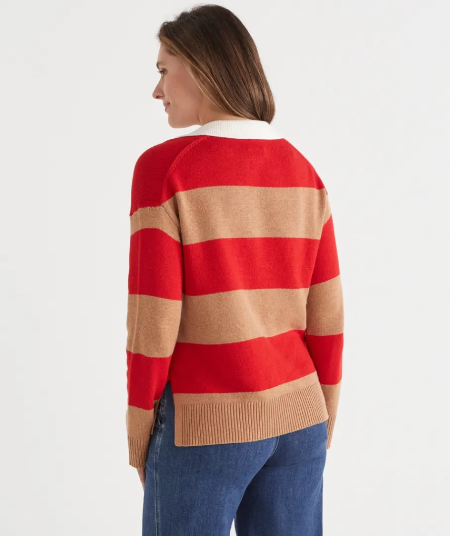 Sussan Tops|Knitwear>Striped Knit Rugby Polo Jumper - Red
