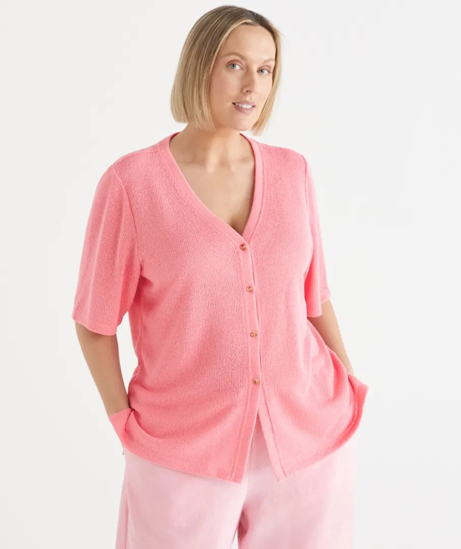 Sussan Tops|T-Shirts>Textured Button Up Short Sleeve Top