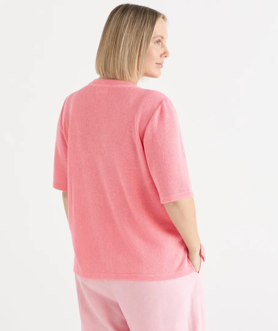 Sussan Tops|T-Shirts>Textured Button Up Short Sleeve Top